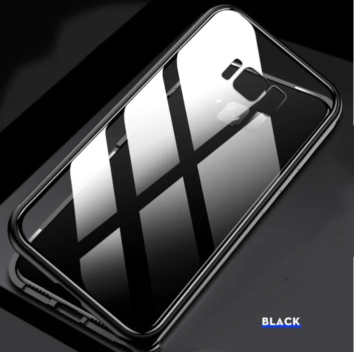 Black clamshell magnetic phone case for Samsung Galaxy with anti-peeping screen, open to show interior.