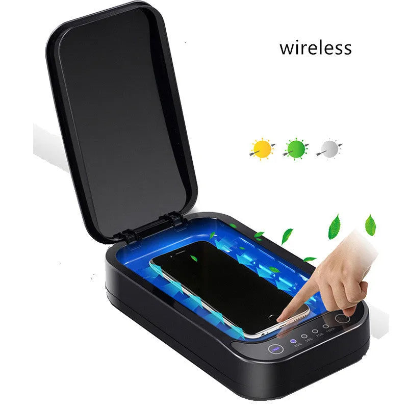 Blue and white ultraviolet disinfection box for mobile phones, showing internal chamber and control buttons.