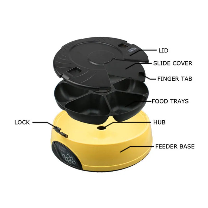 Automatic pet feeder with six food slots, built-in clock, voice recorder, and detachable ABS tray, 32.4X9cm