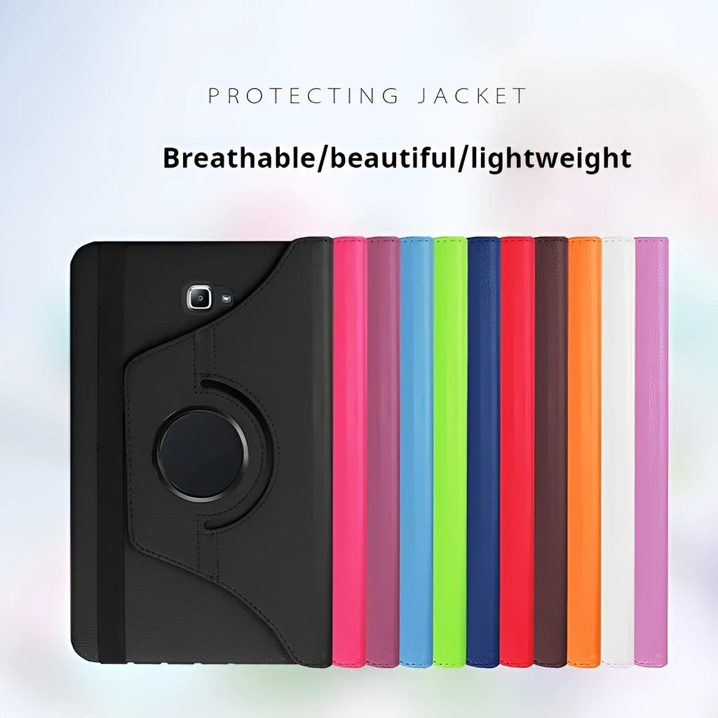 iPad 1 rotating leather protective case in clamshell design, showing PU leather texture and solid colour options.