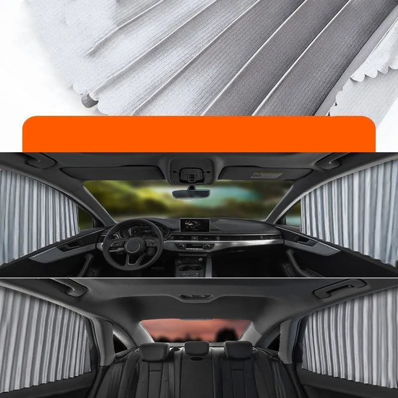 Auto retractable car sunshade curtain in thick opaque cloth with roller shutter mechanism