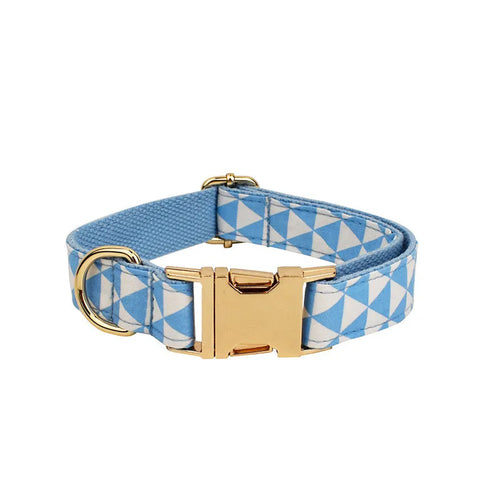 Blue cloth four-piece pet dog set showing collar, leash, bow tie and vest