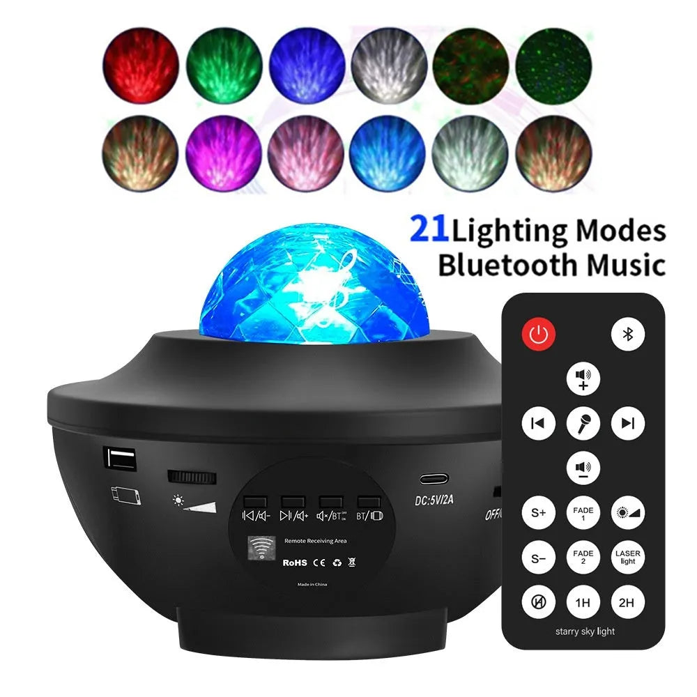 Black parallel starry sky projection lamp with USB cable and remote control on desktop