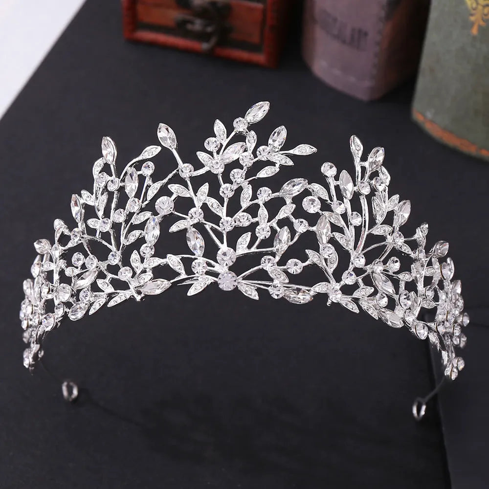Vintage rhinestone headdress crown in alloy, 15 x 6.5cm, with green phantom quartz crystal and electroplated finish, shown in gold white.
