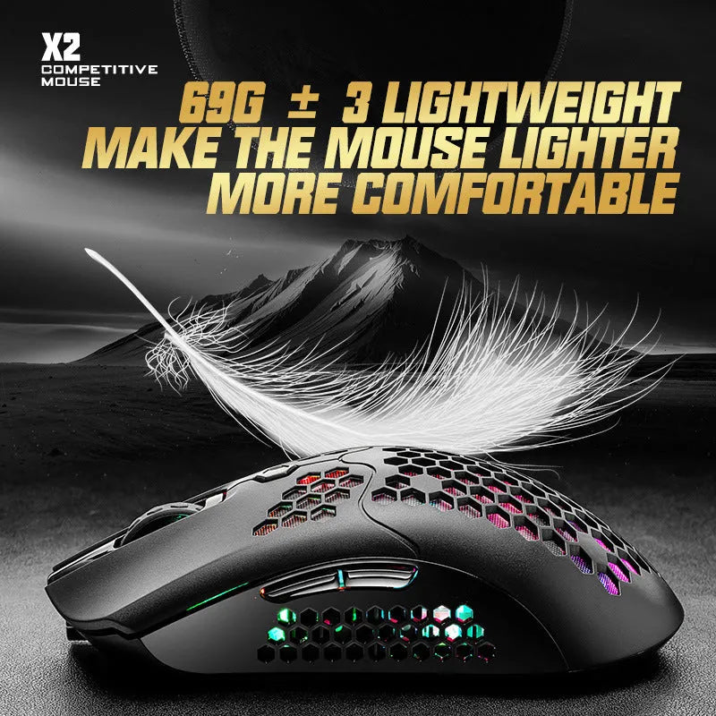 Free Wolf X2 wireless RGB gaming mouse in black on a mouse pad, showing ambidextrous shape and side buttons.