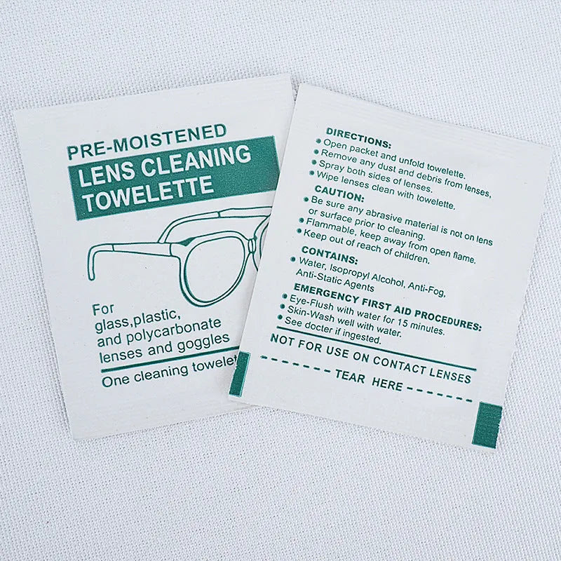 100 individually packaged quick-drying glasses cleaning wipes in white sachets