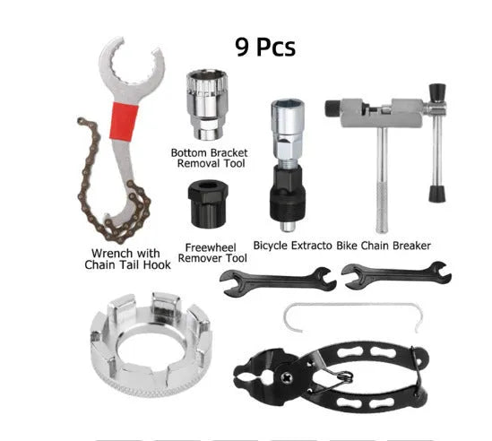 Iron bicycle repair tool set with chain cutting device and central shaft puller for mountain bike maintenance