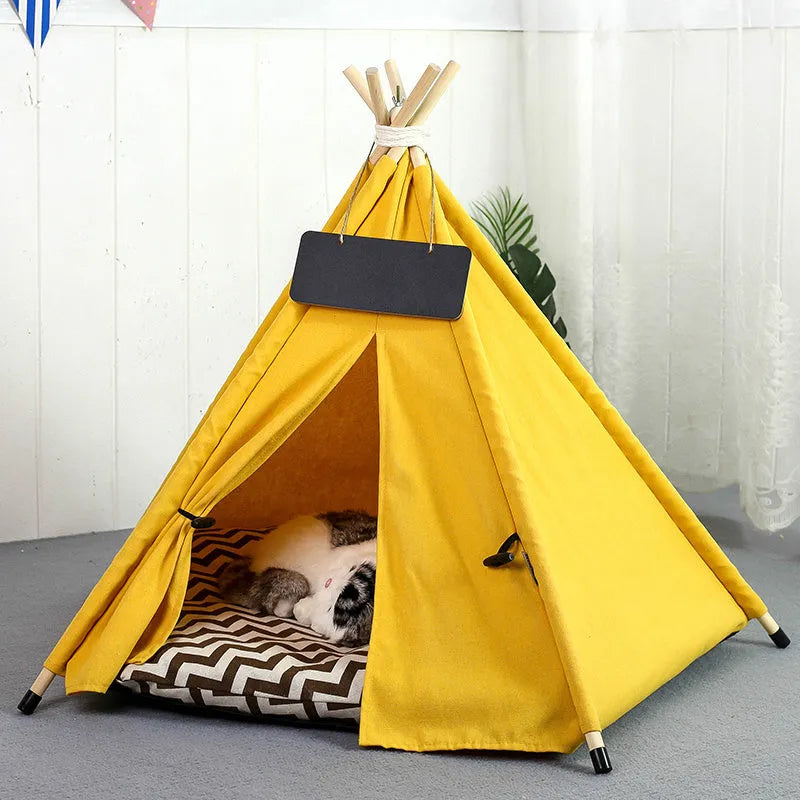 White and yellow striped pet teepee tent with cushion for small dogs or cats