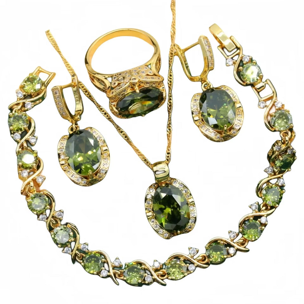 Olive green women's rhinestone jewellery suit with snake bones chain necklace, earrings, and ring on copper.