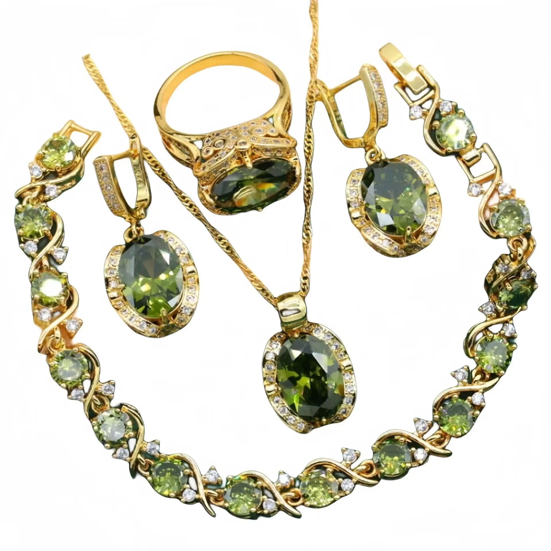 Olive green women's rhinestone jewellery suit with snake bones chain necklace, earrings, and ring on copper.