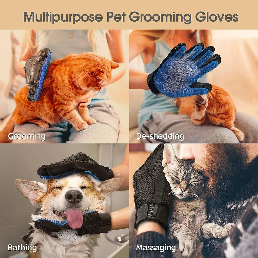 Blue pet grooming glove with silicone tips for removing hair from dogs and cats.