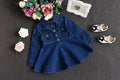 Girls navy denim dress with long sleeves and irregular skirt, cotton-rich fabric, sizes 100-140cm.