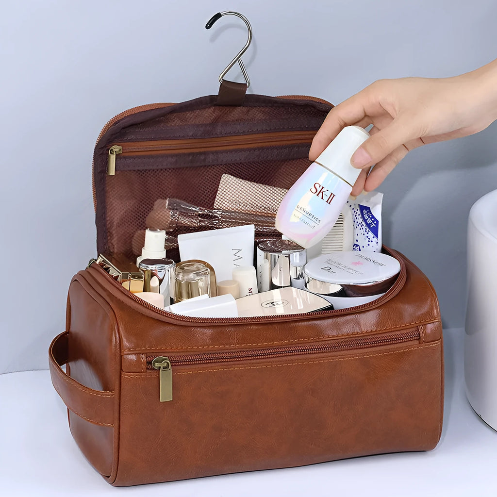 Retro style waterproof cosmetic bag in PU leather or Oxford cloth with large capacity for makeup and skincare storage