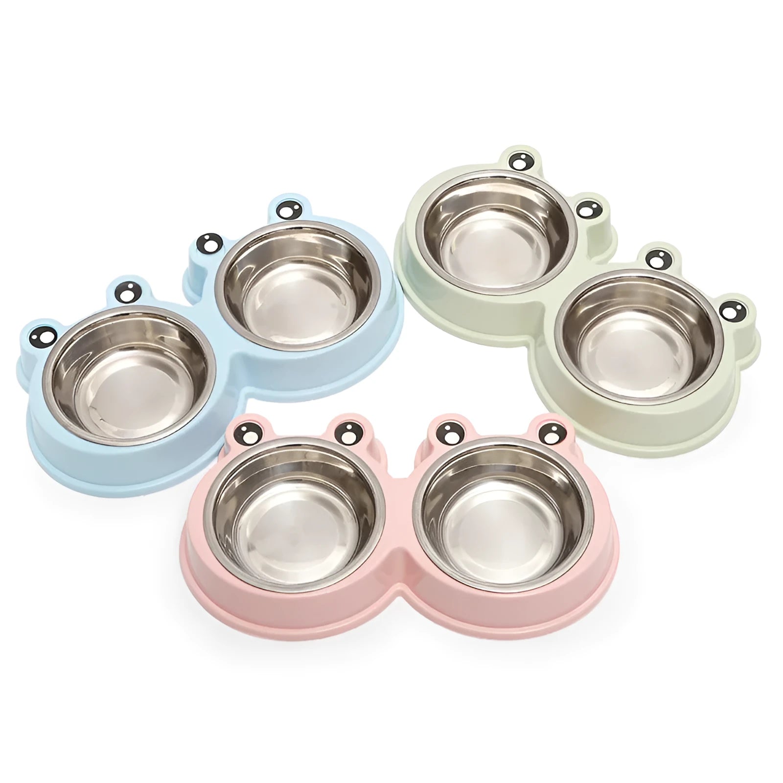 Stainless steel double pet bowl for food and water with a non-slip base and frog design, in blue colour.