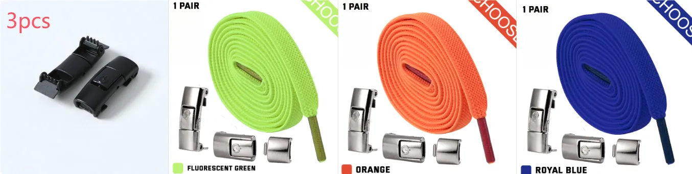 Set of press lock elastic no-tie shoelaces in 8mm widened flat design on a white background.