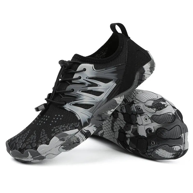 Men's and women's quick-drying lace-up beach wading shoes in various colours on a non-slip rubber sole.