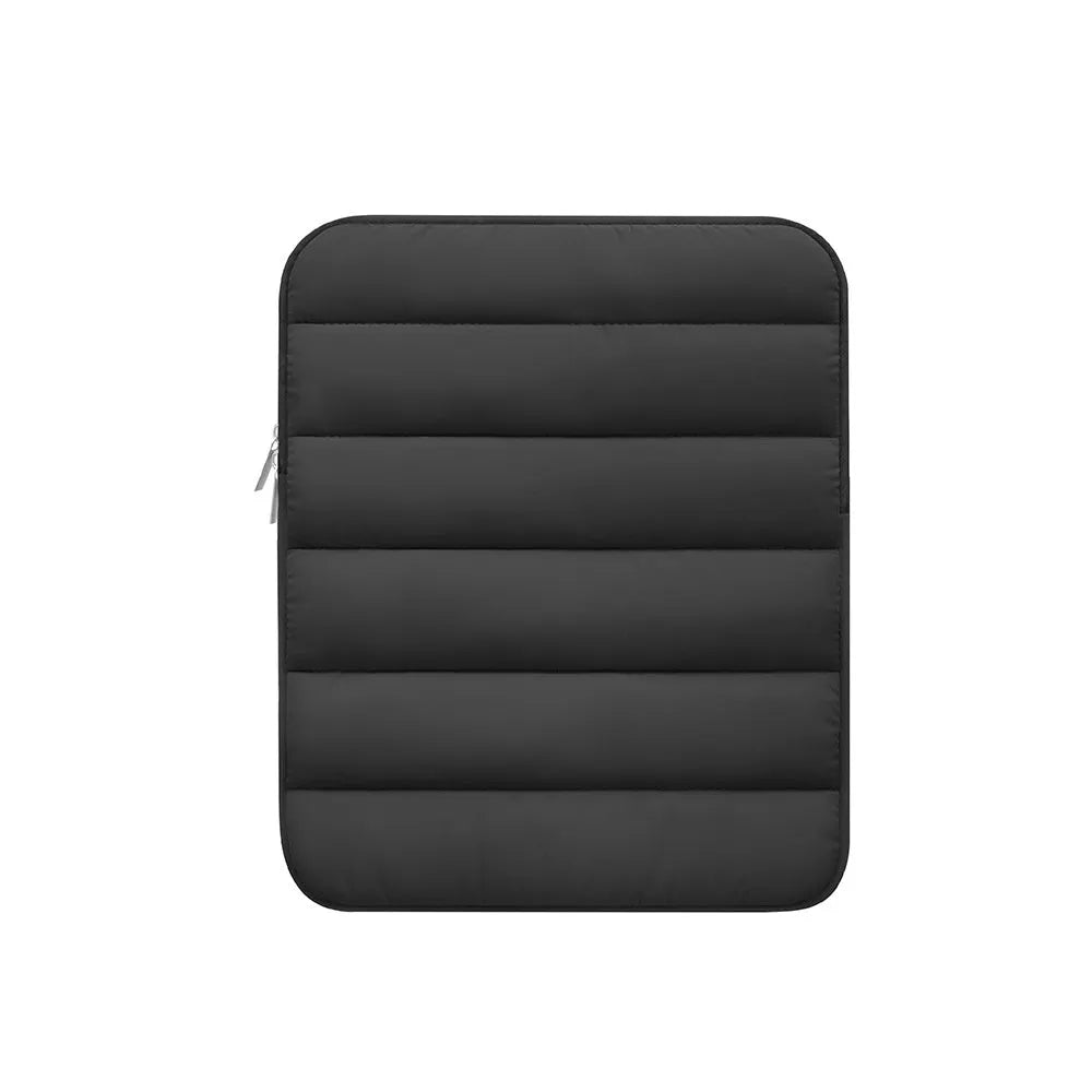 Black puff bag laptop sleeve with elastic sides for a 9.7 to 11 inch MacBook.