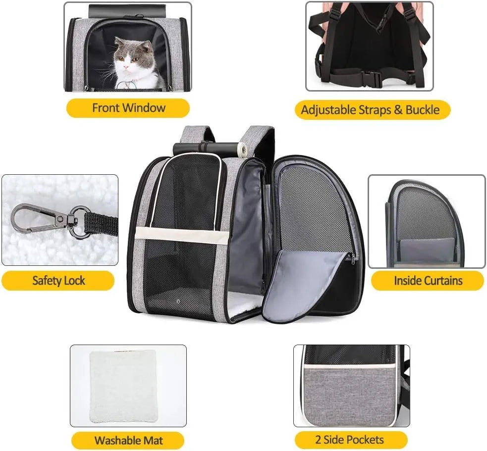 Grey or pink PVC mesh pet carrier backpack for cats and small dogs, 42cm x 31cm x 5cm, with chest buckles and removable mat.