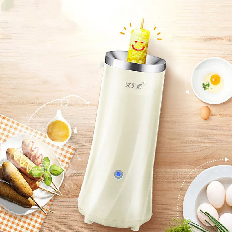 Beige white and green compact automatic mini breakfast machine on a kitchen counter.