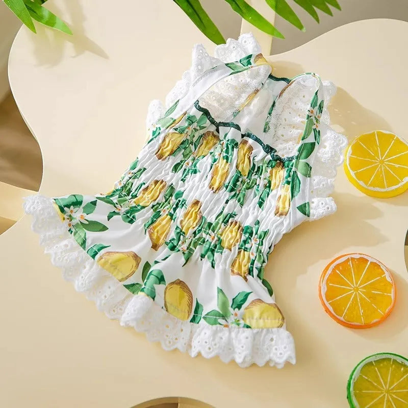 Rock yellow lemon polyester dog dress skirt with adjustable straps on small dog