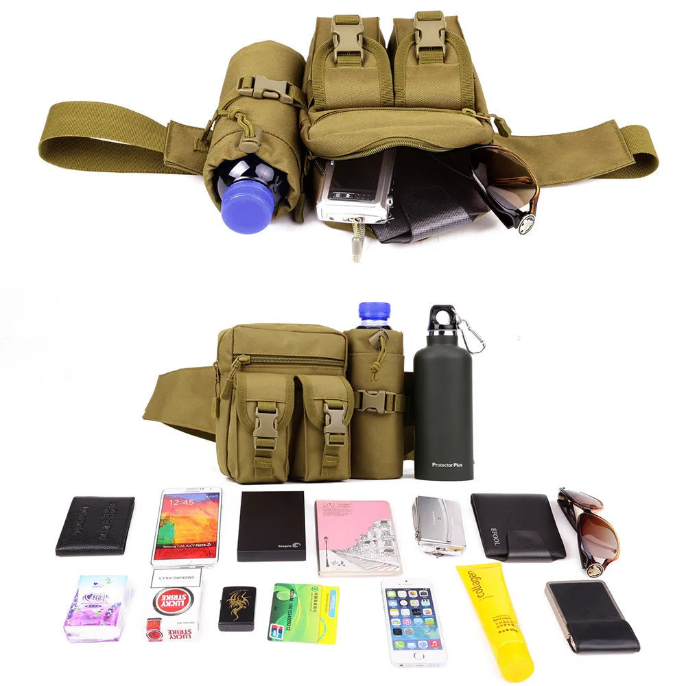 Tactical Oxford cloth waist bag with water bottle pockets in camouflage and black colour options