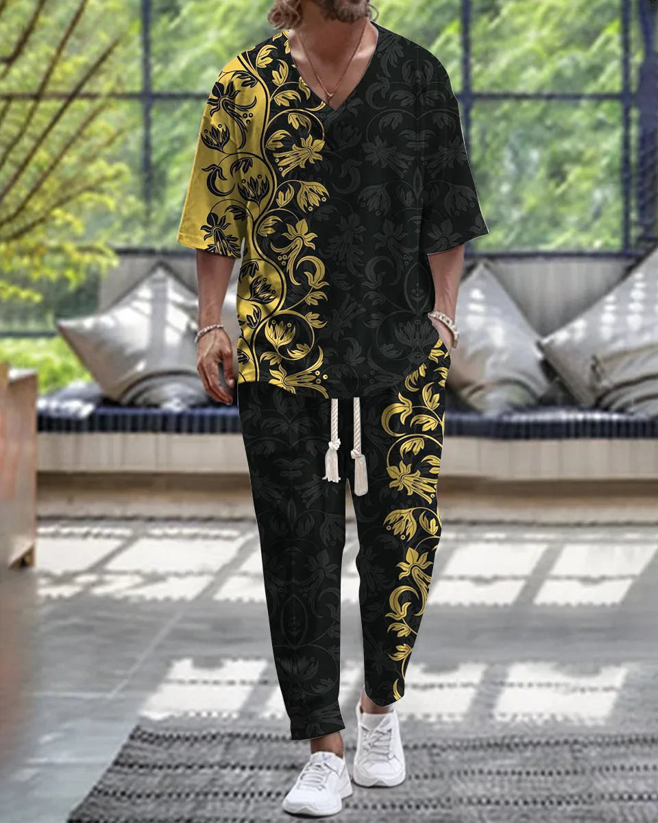 Cropped sleeve V-neck jacket and trousers suit in thin polyester fabric on a hanger.