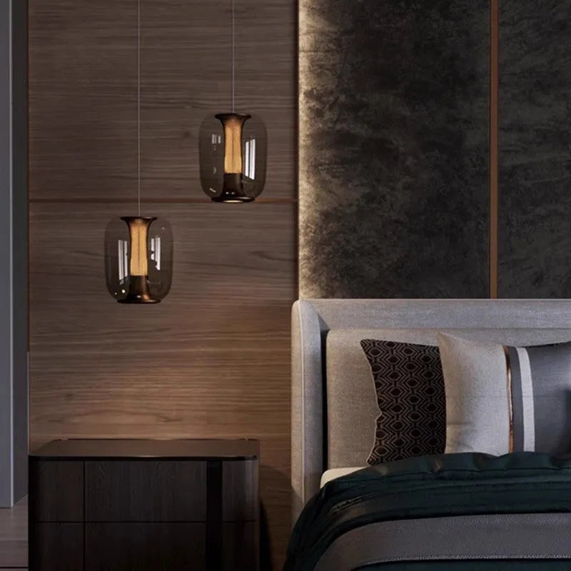 Minimalist Nordic glass chandelier pendant light in clear, cognac, or smoky grey, 16cm wide.