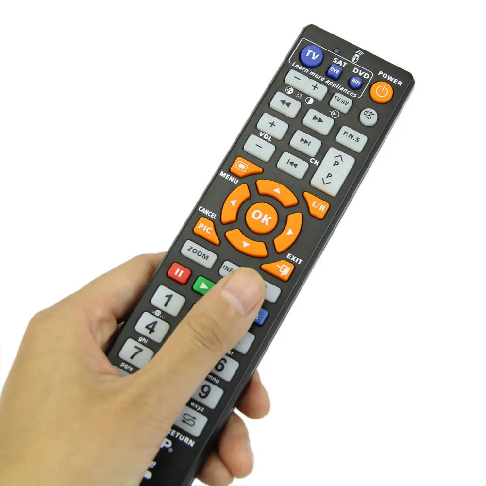 Black L336 full-key universal learning remote control for TV and DVD players.
