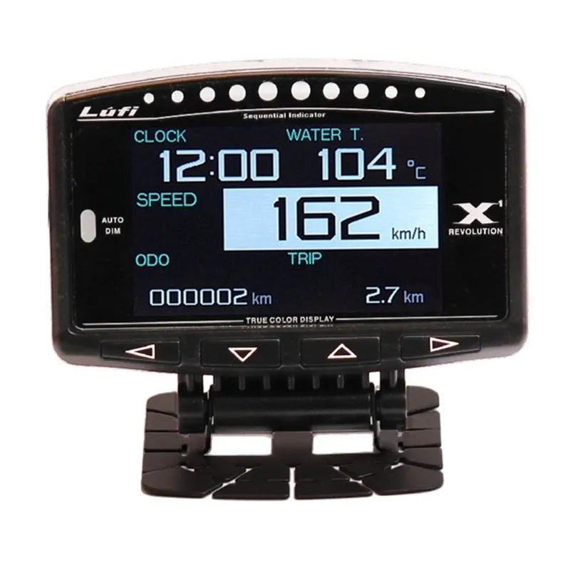 X1 model OBD automotive scan tool with LED display, metal housing, power cord, and English manual.