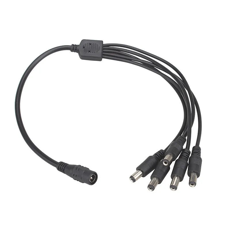 Black 12V monitoring power cord with DC one-in-four interface for security cameras, 0.39m length with 5.5mm connectors