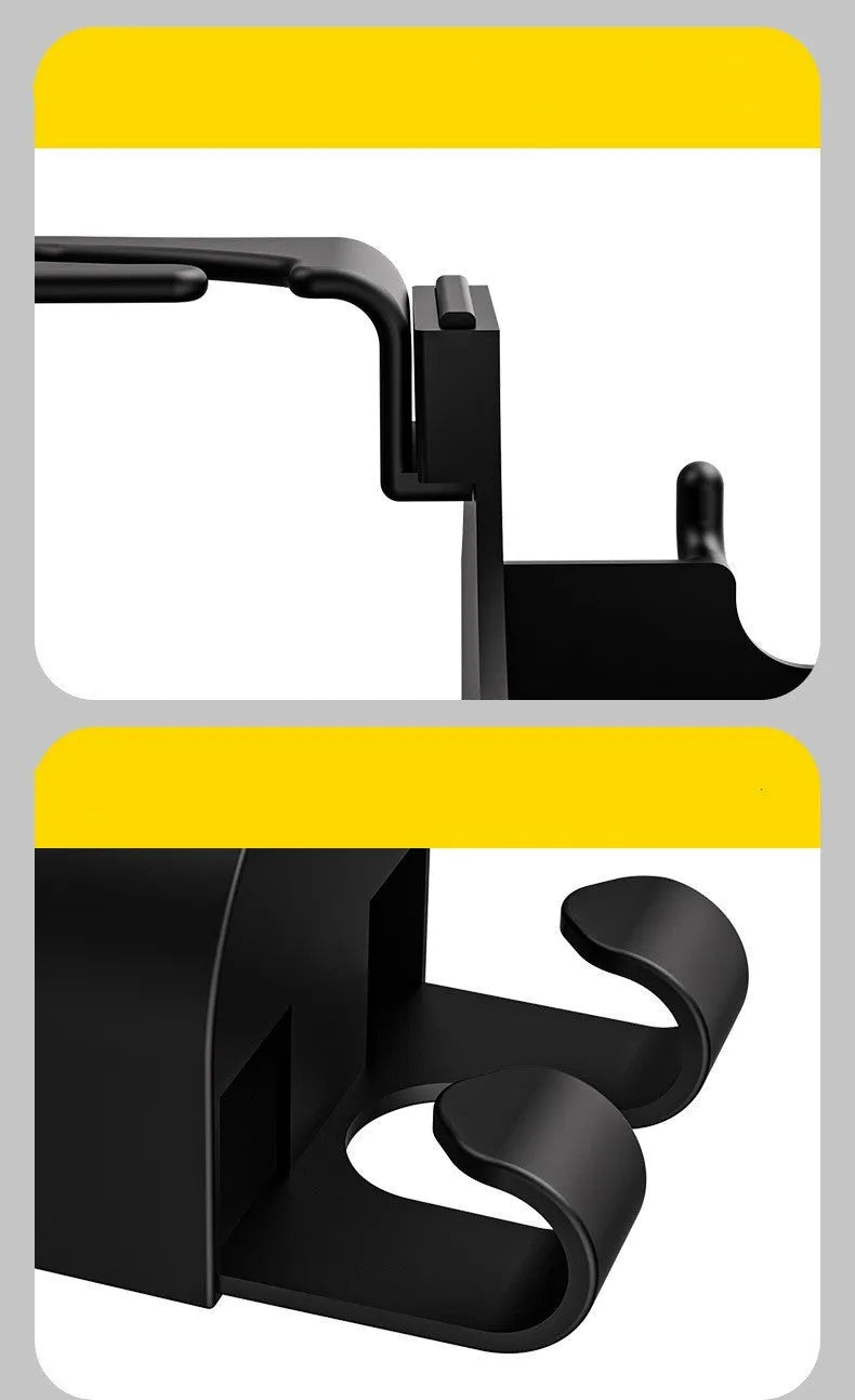 Black plastic car seat back organiser with a cup holder and a storage hook.
