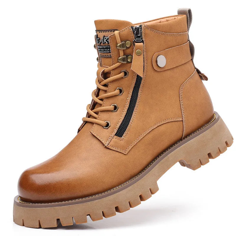 Men's brown leather high-top boots with velvet trim, side zip, and round toe design
