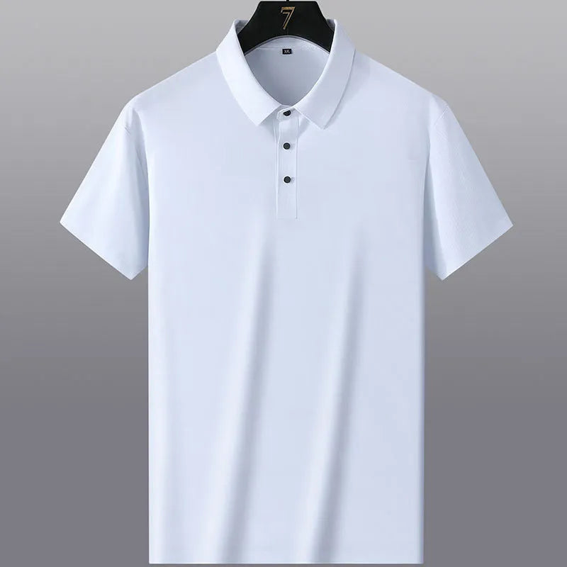 Non-ironing solid colour men's short sleeve business casual shirt on a hanger.