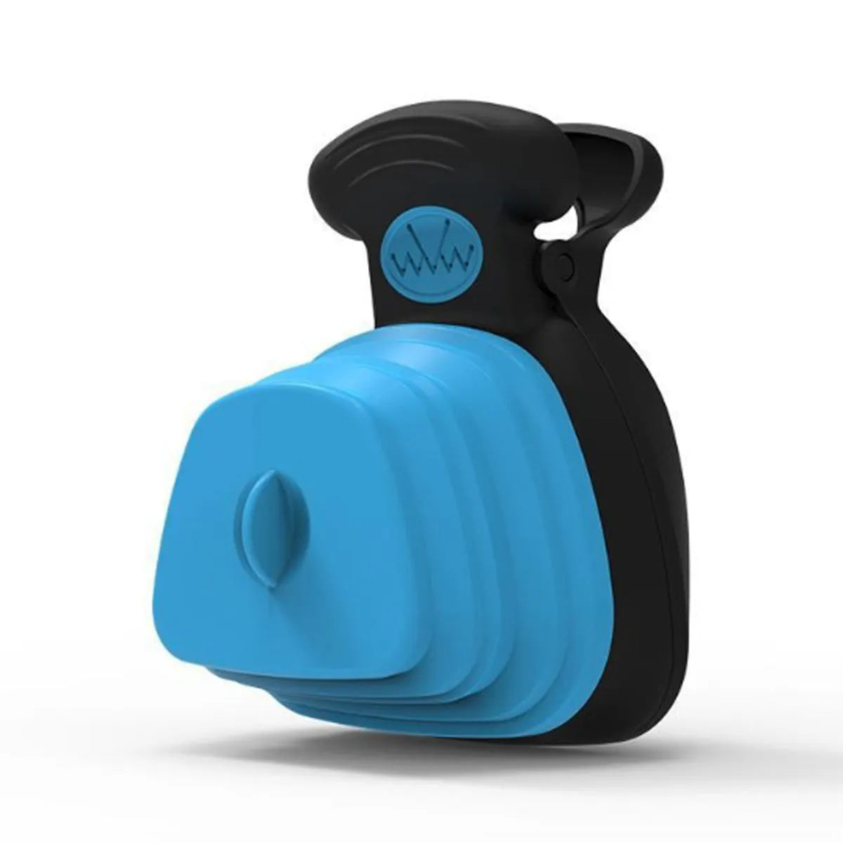 Blue portable dog pooper scooper with expandable container and carabiner clip.