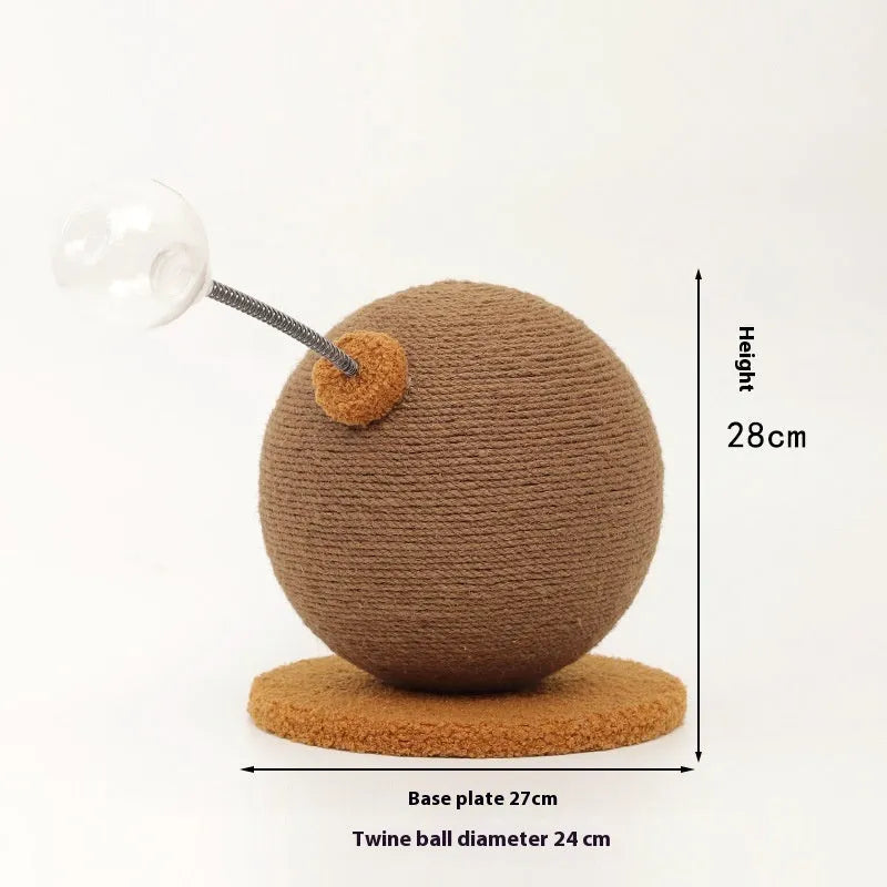 Tumbler-style cat scratch board with woven hemp rope surface and an integrated cat grasping ball toy.