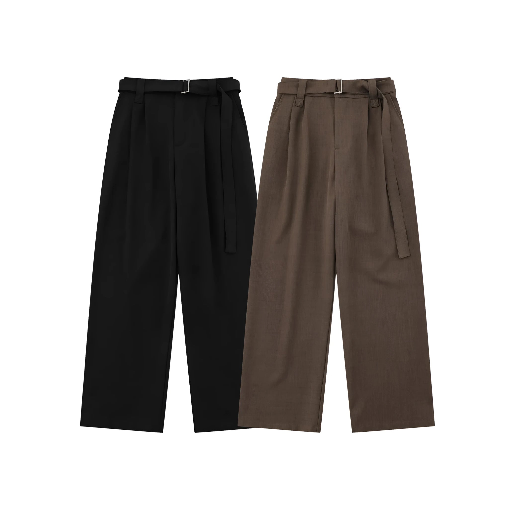 Black loose high waist wide-legged straight-leg trousers on a hanger.
