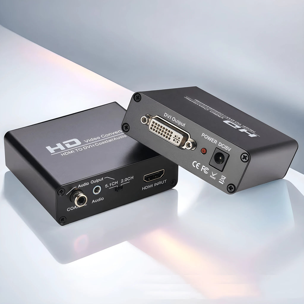 Black HDMI to DVI video converter with coaxial audio output port and attached 1.5 metre cable