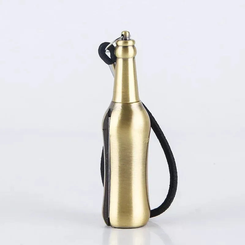 Metal keychain lighter with flint striker and bottle opener in black nickel finish