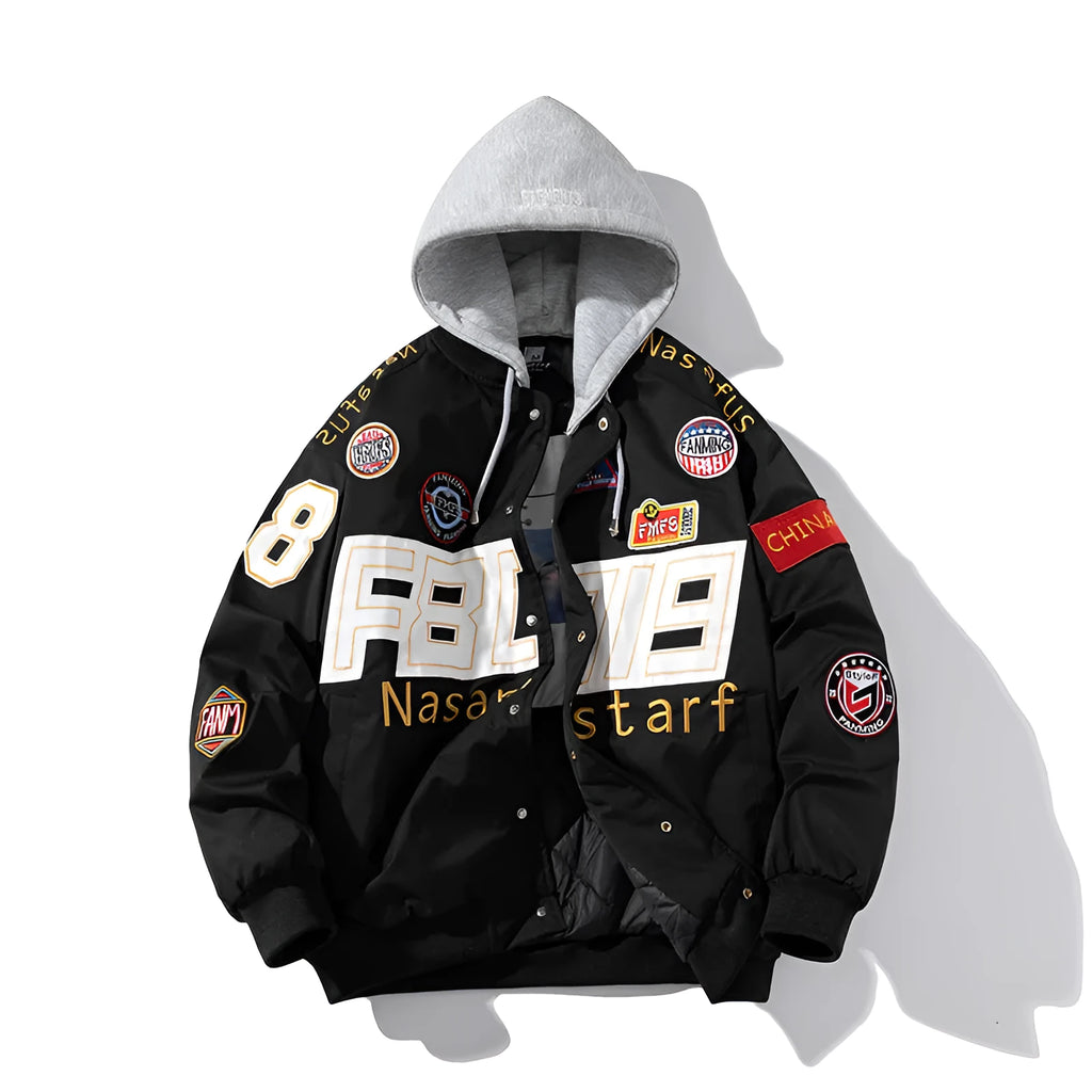 Black American Motorcycle Baseball Uniform jacket with removable hood, shown on a model.