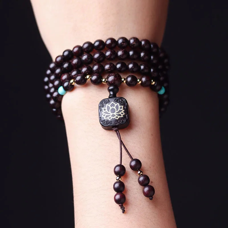 Zambian rosewood Buddha beads bracelet with 108 wooden beads and flat lotus pendant on string