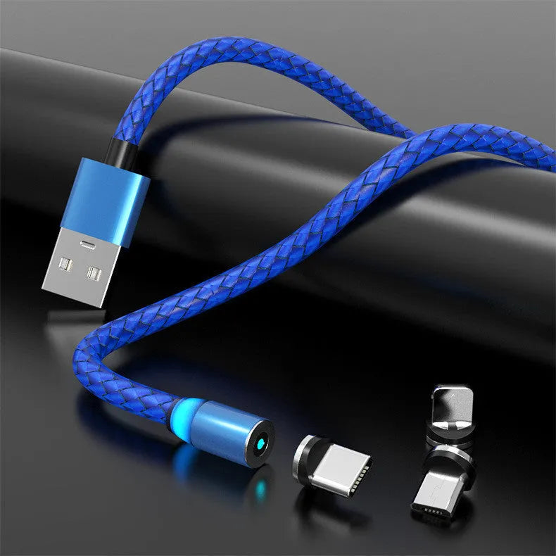 Breathing light magnetic charging cable with LED indicator and interchangeable Lightning, USB-C, and Micro USB tips.