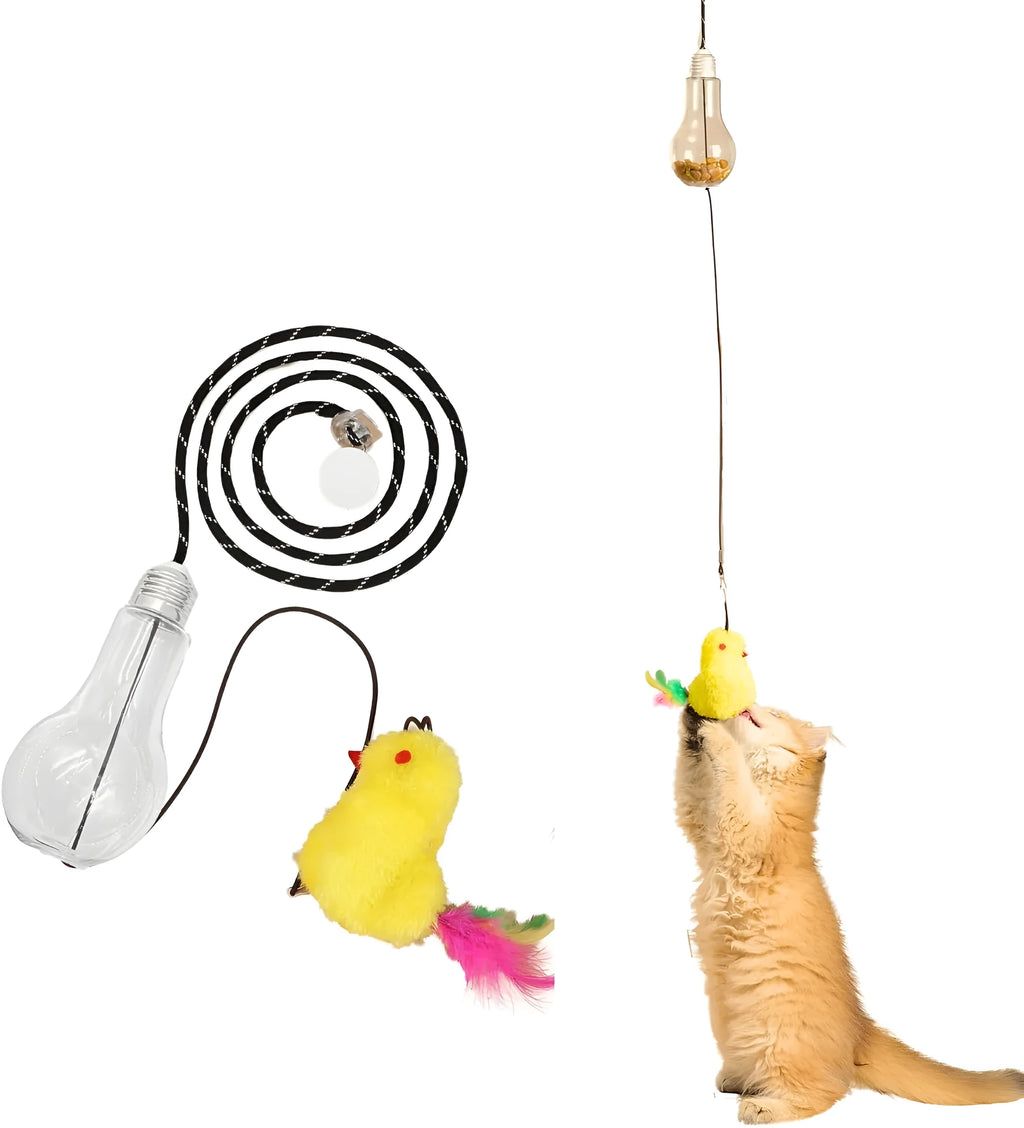 Interactive cat toy hanging from door frame with treat bulb and dangling mouse