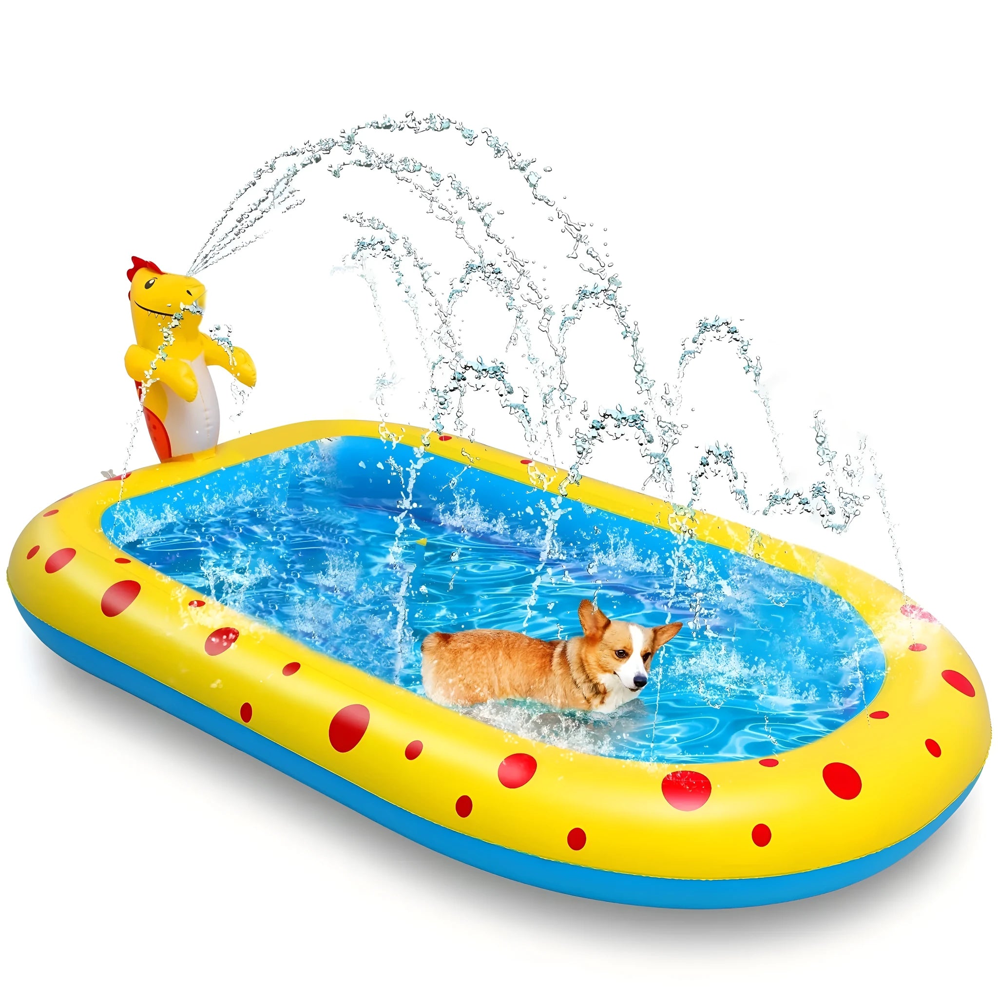 Blue dinosaur inflatable water spray pool measuring 170cm long with water play features