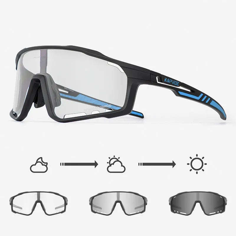 Photochromic cycling sunglasses with semi-rimless TR90 frame on a bicycle helmet.
