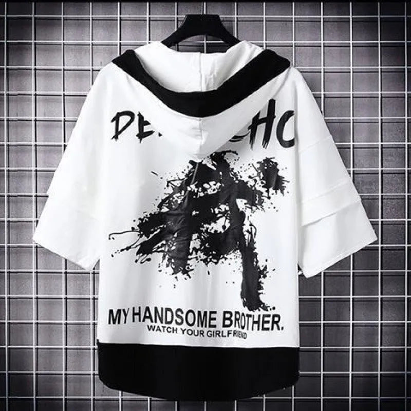 Men's loose fit hip hop polyester printed short sleeve t-shirt with graffiti design in black and white