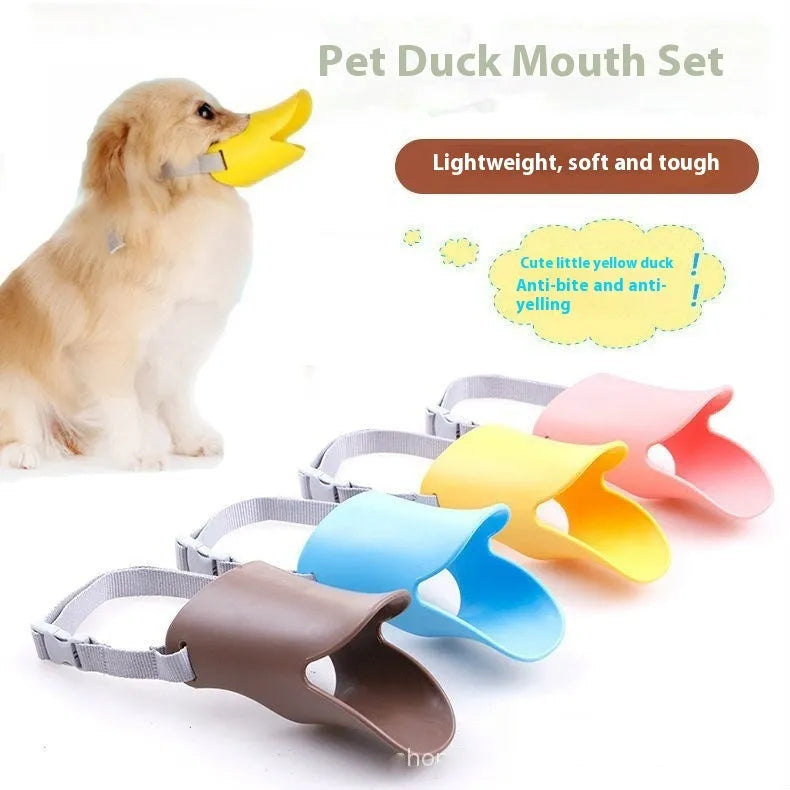 Blue TPR dog duckbill muzzle mouth cover for small to medium dogs, side view on light background