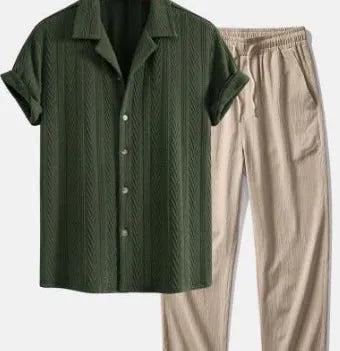 Lightweight linen-feel casual suit set with camouflage print trousers and a short-sleeved lapel shirt.