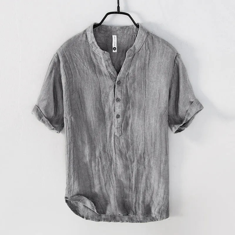 Grey striped linen short sleeve pullover top for men laid flat
