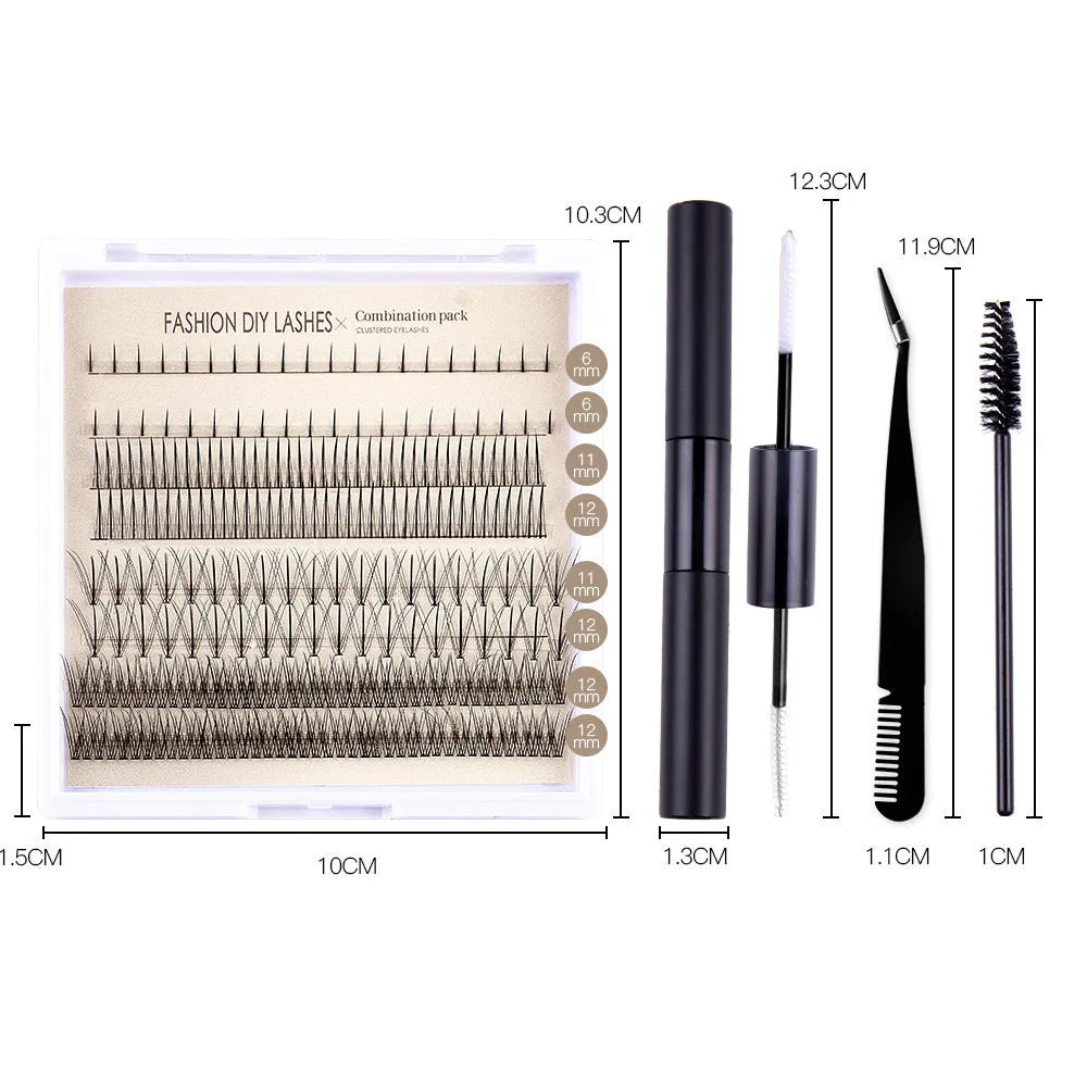 False eyelash glue suit with single-cluster segmented lashes, adhesive, tweezers, and brush for DIY application