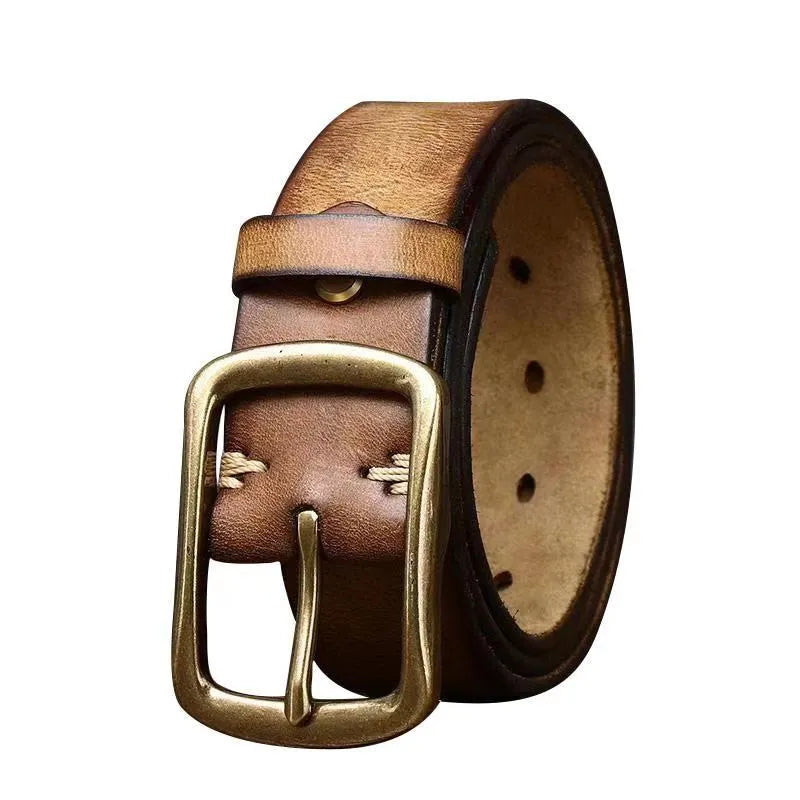 Men's cowhide vintage distressed pleated belt with copper buckle, 3.8cm wide, black brown khaki reddish brown